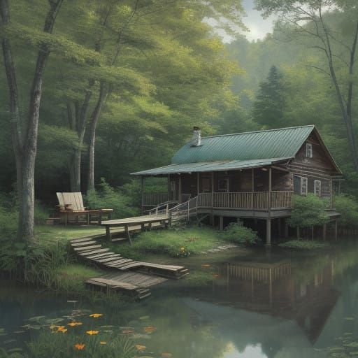 Rustic Cabin Scene on Tranquil Lake Shore