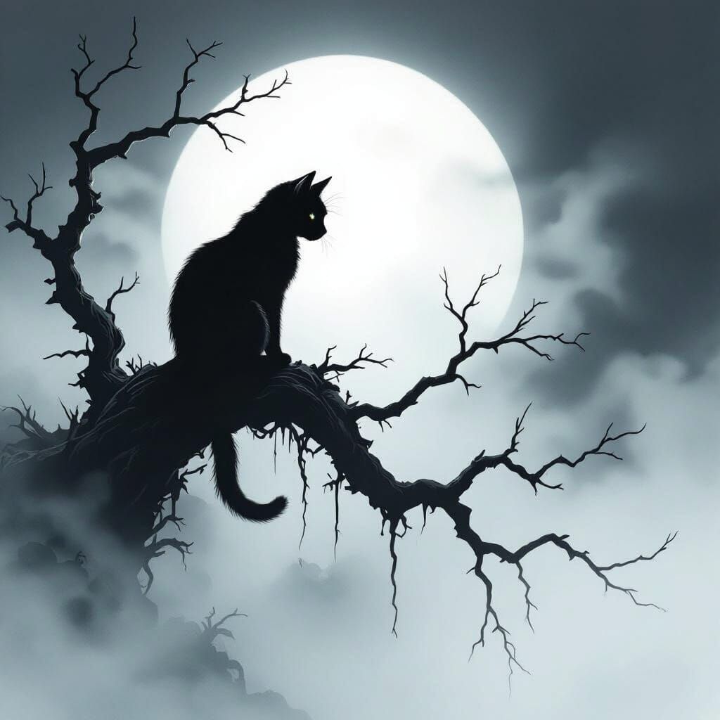Cat in Ominous Dark Forest, Inspired by Surreal Art
