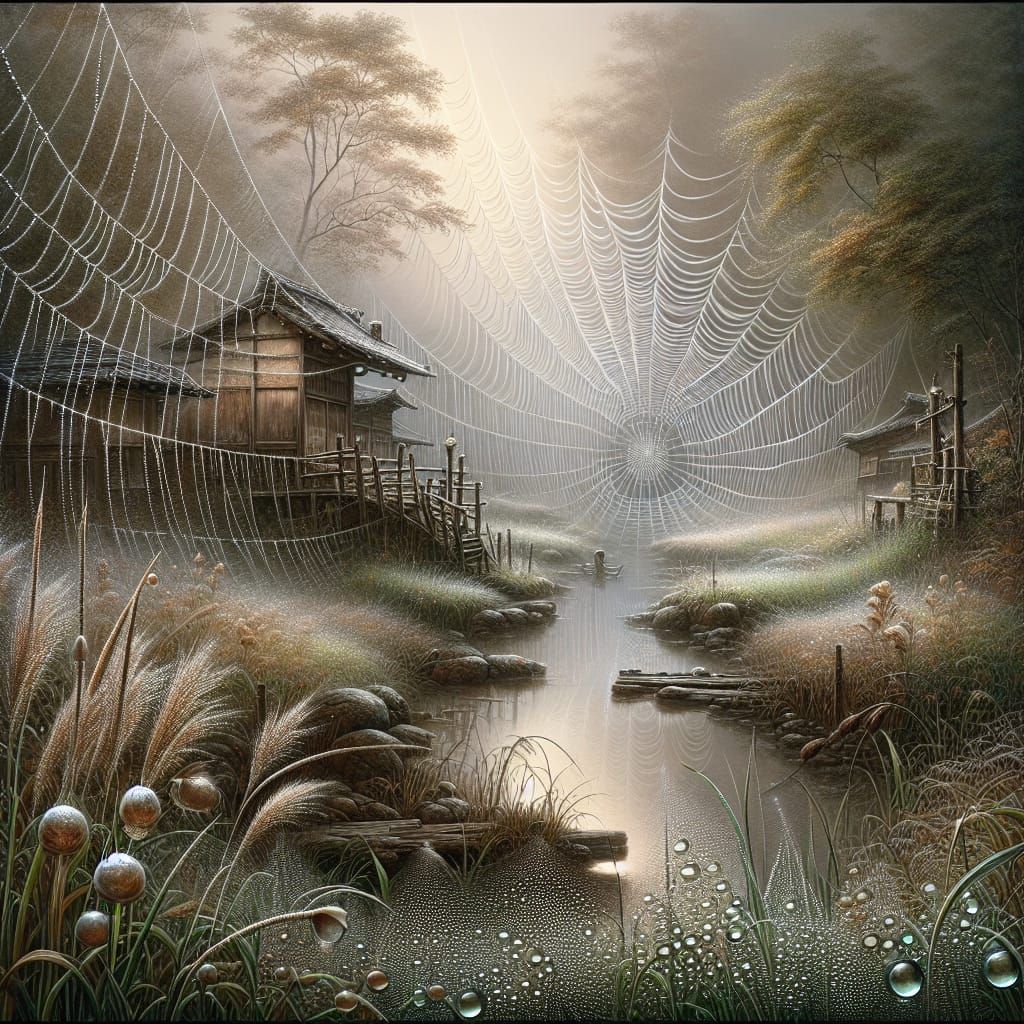 Japanese Village at Dawn in Spider's Web