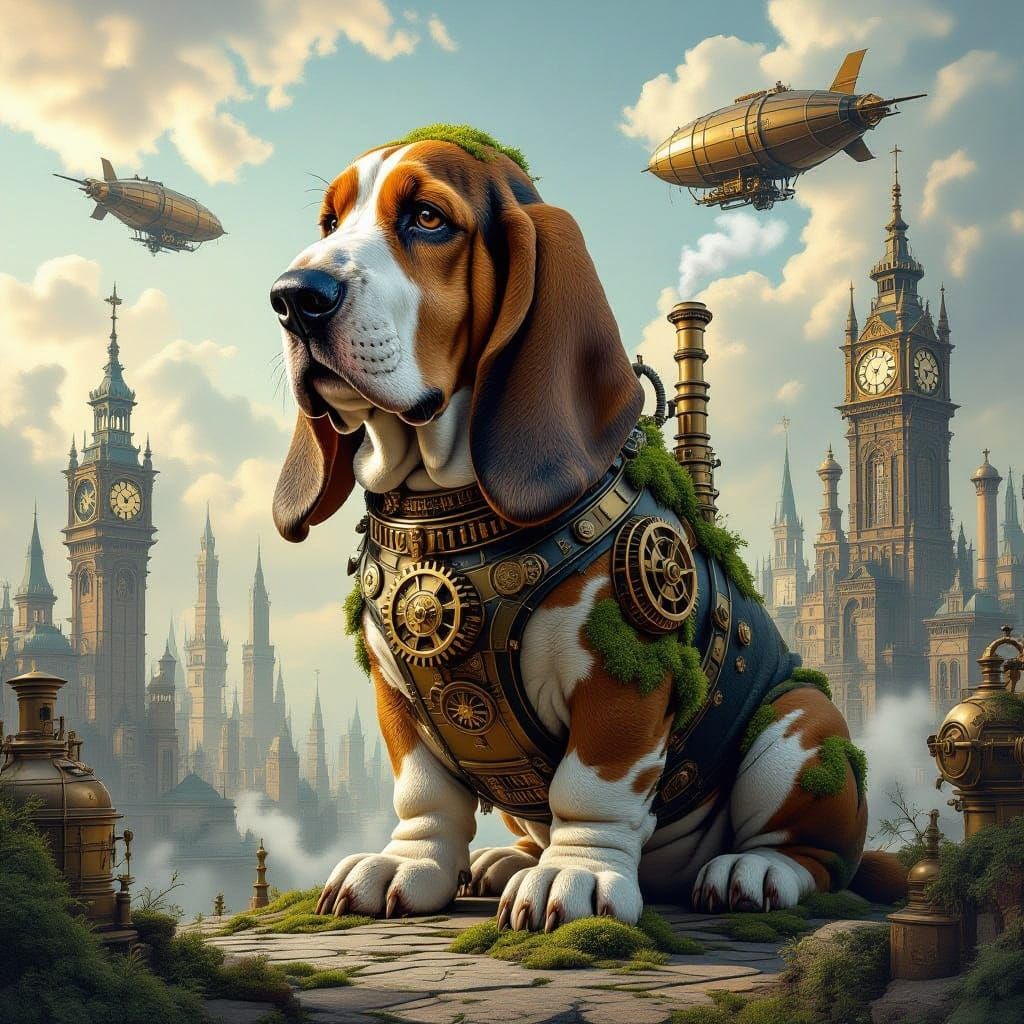 Ancient Stone Basset Hound Guards Steampunk City
