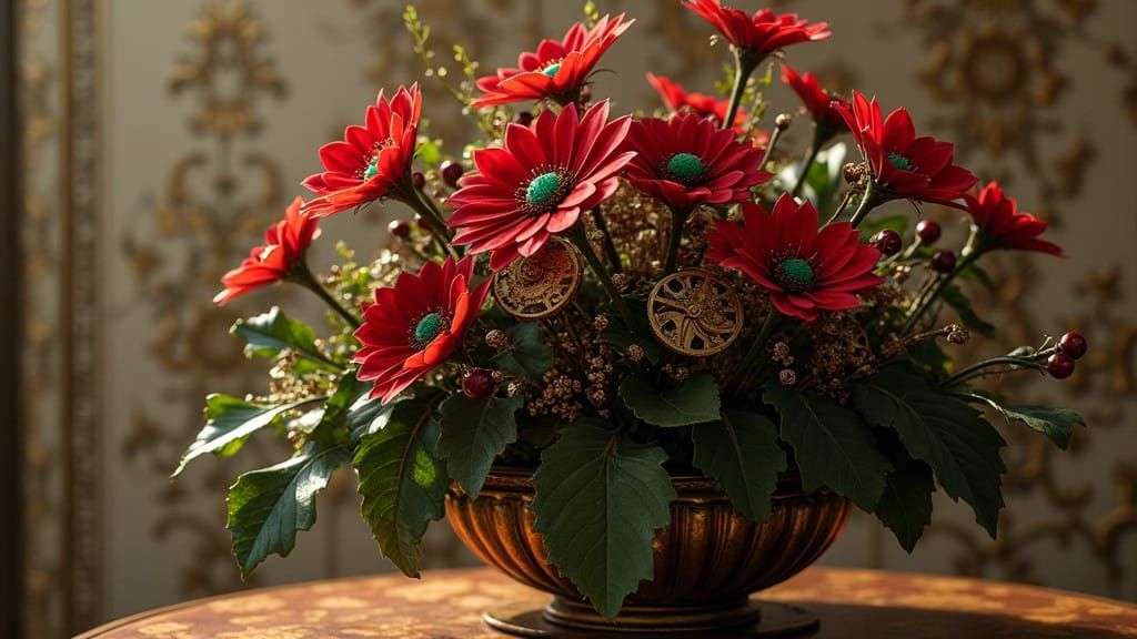 Steampunk Floral Masterpiece with Intricate Clockwork Flower...