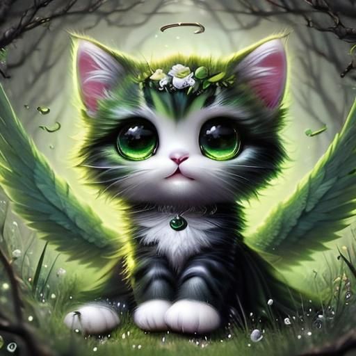 Adorable Kitten with Large Eyes in Green Grass