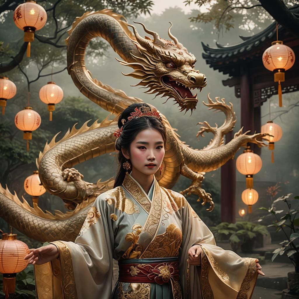 Regal Dragon-Human Portrait in Chinese Garden