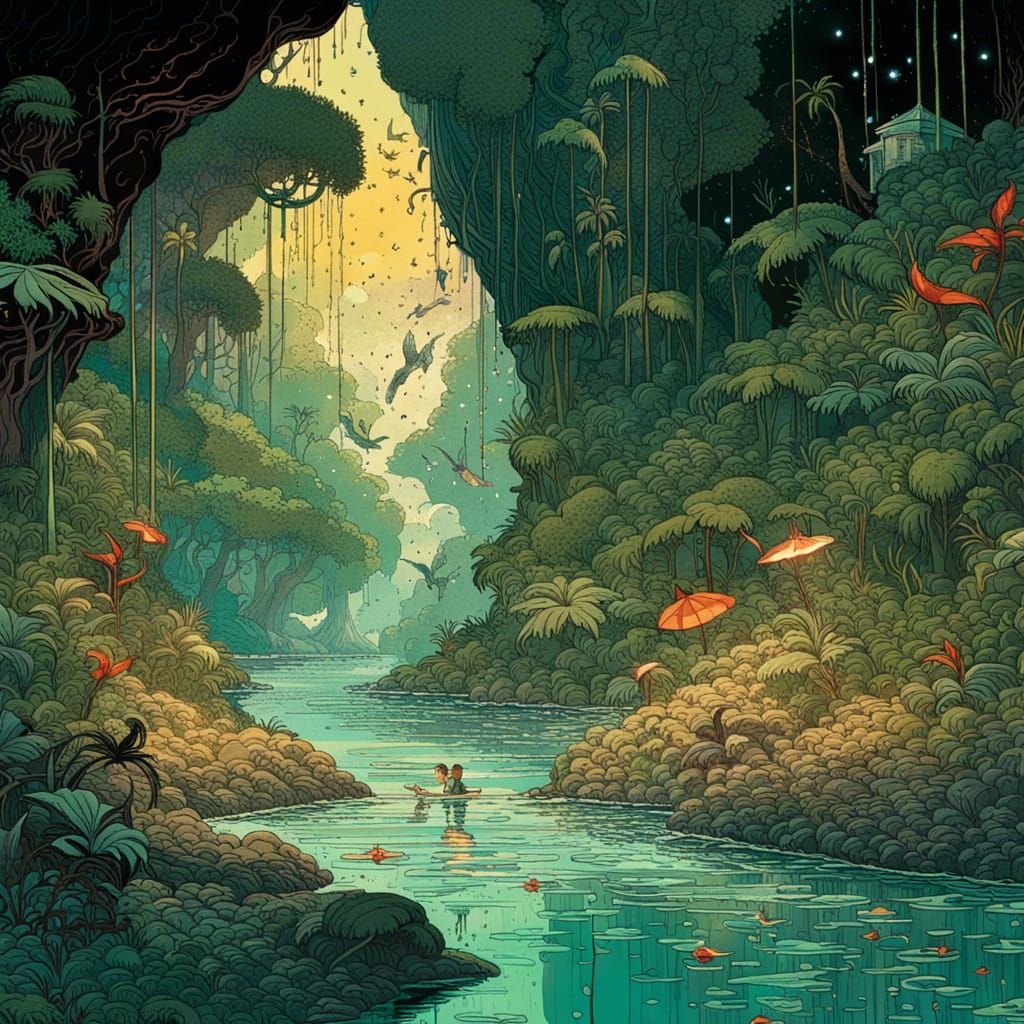 Night Jungle River in Beach Grotto: Retro Game Art