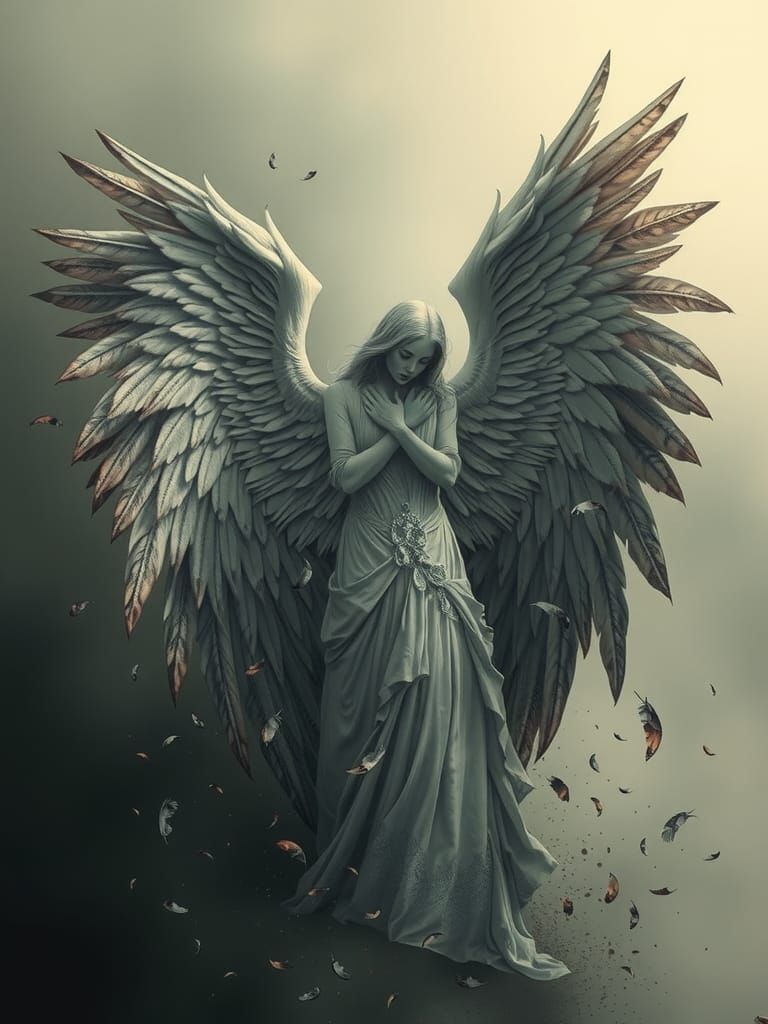 Regal Angel's Wings Wither in Dark Surrealist Style