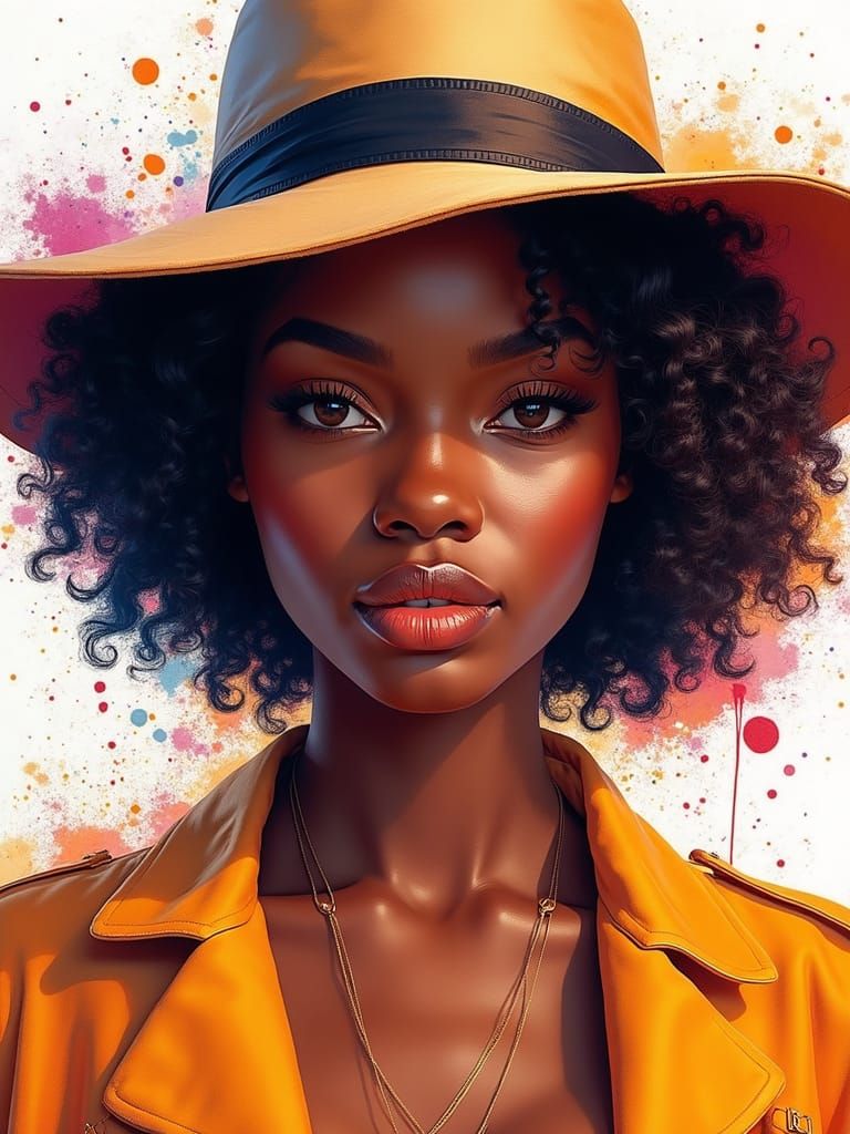 Radiant Woman Portrait with Watercolor Splashes as Digital O...