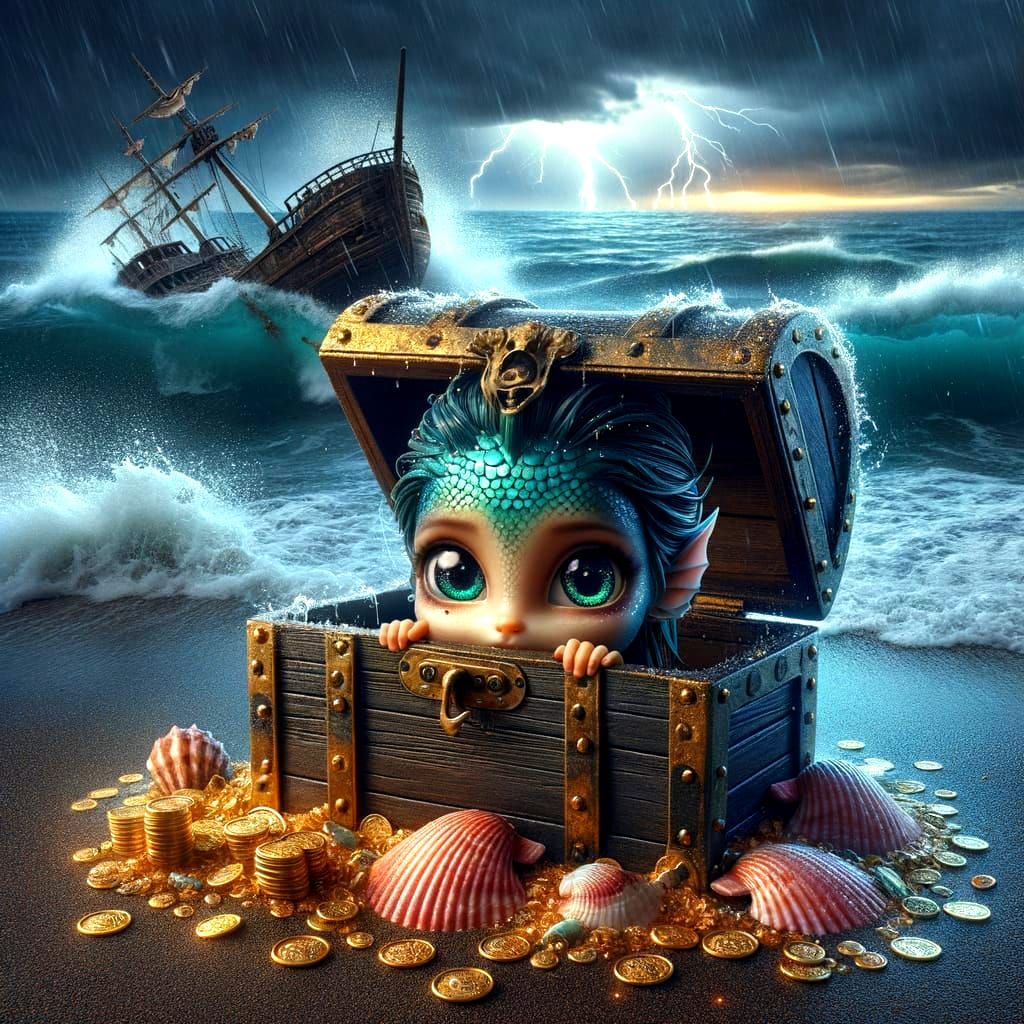 Shy Mermaid in Treasure Chest on Stormy Beach