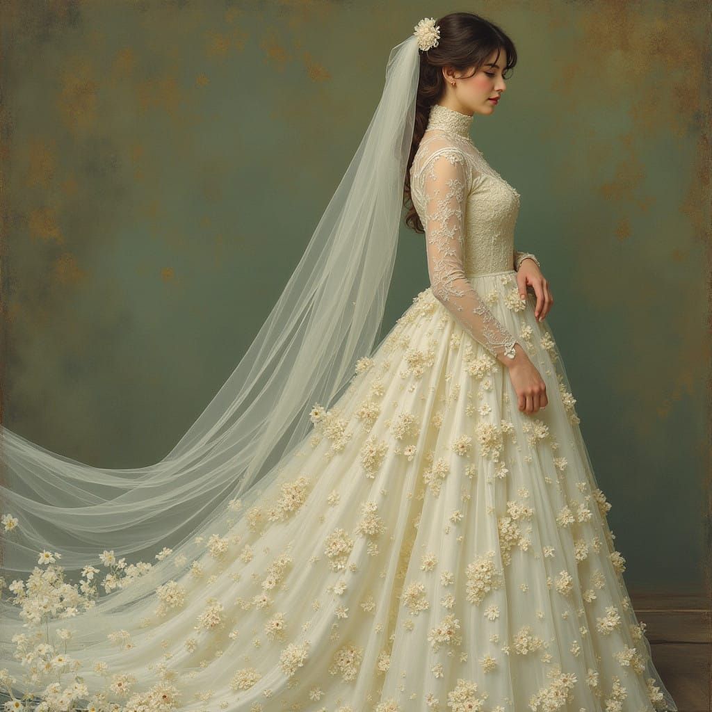 Romantic Bride in Pre-Raphaelite Wedding Gown with Delicate....