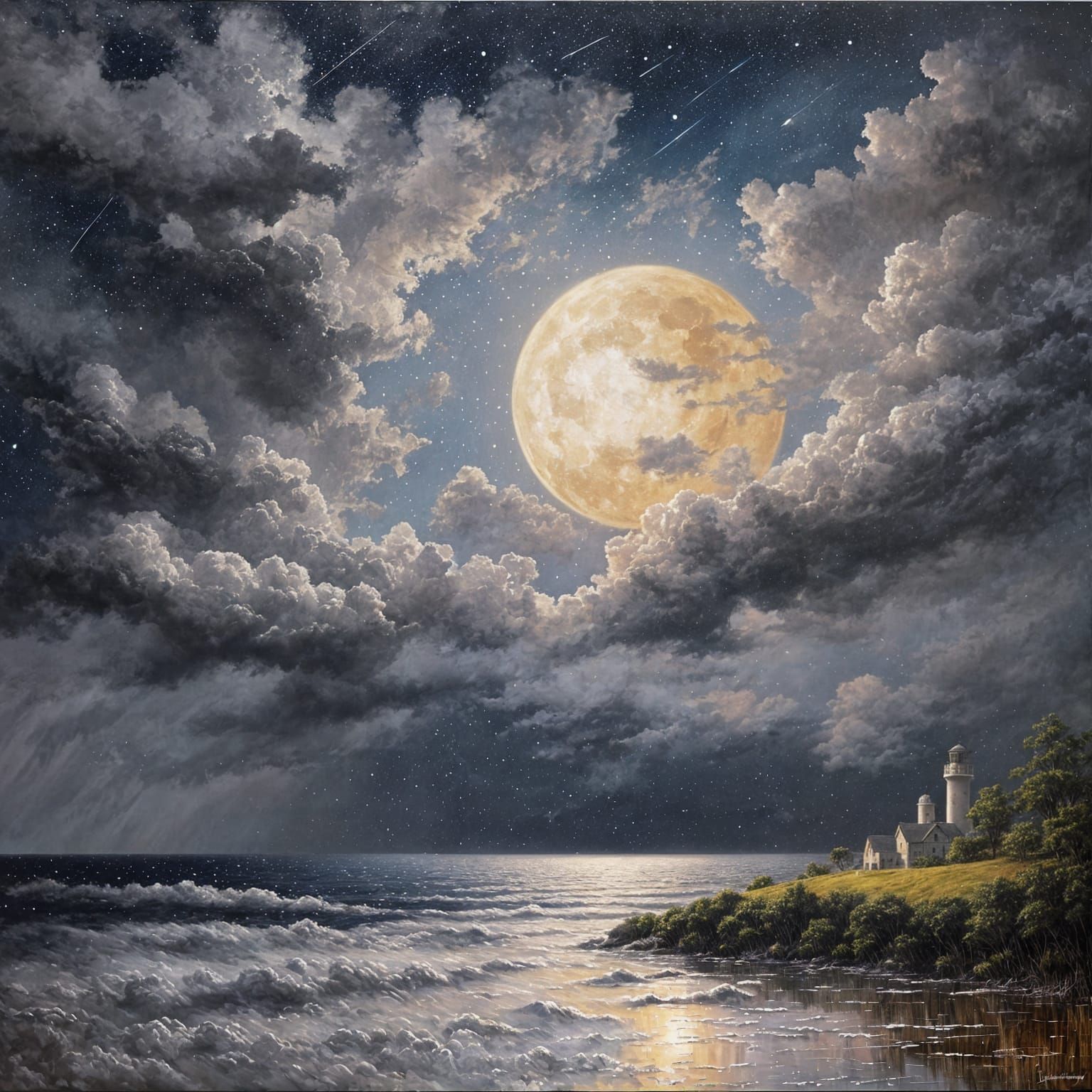 Dramatic Rainy Moonlit Sky Oil Painting