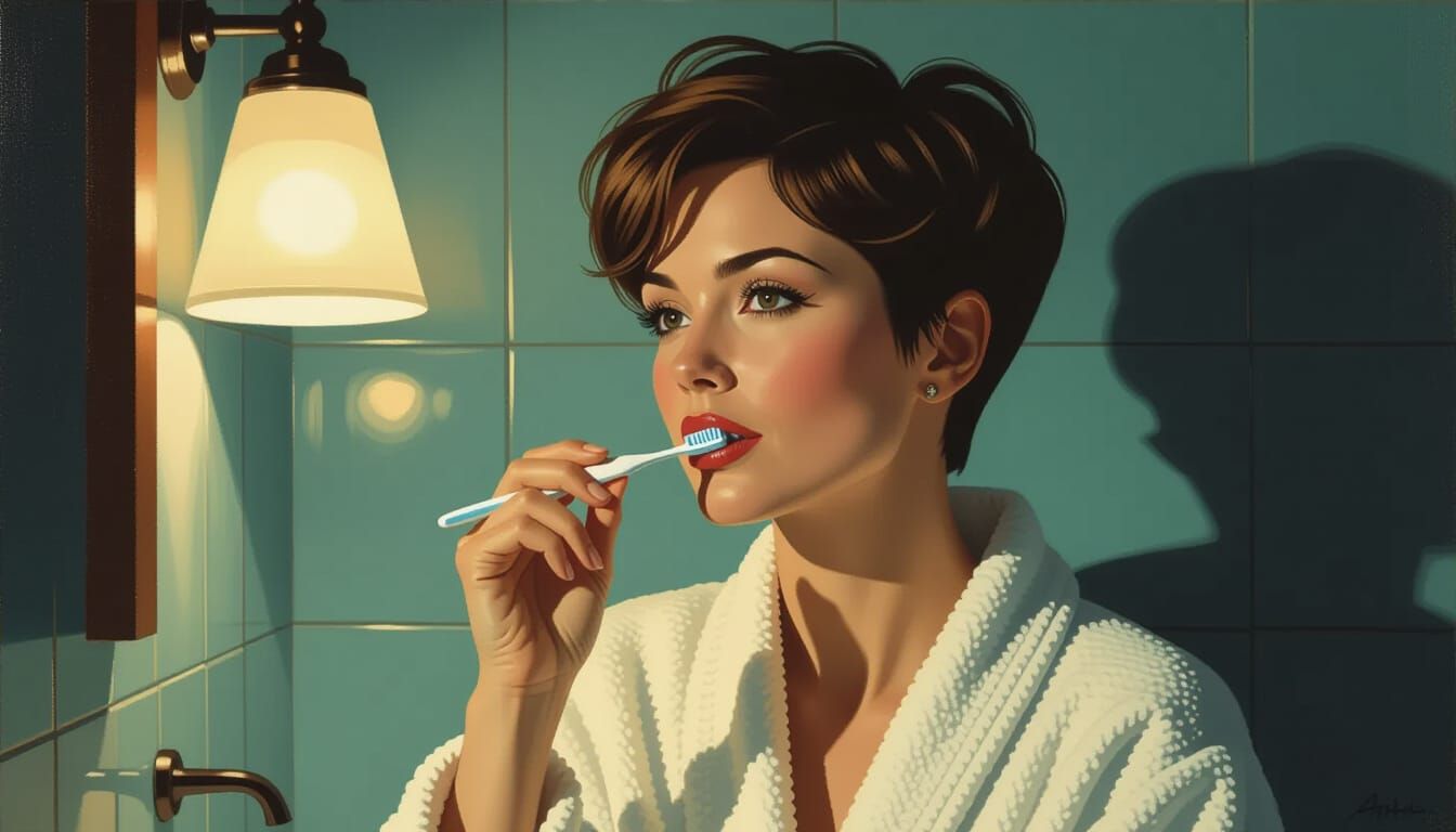 Woman Brushing Teeth in Dimly Lit Bathroom