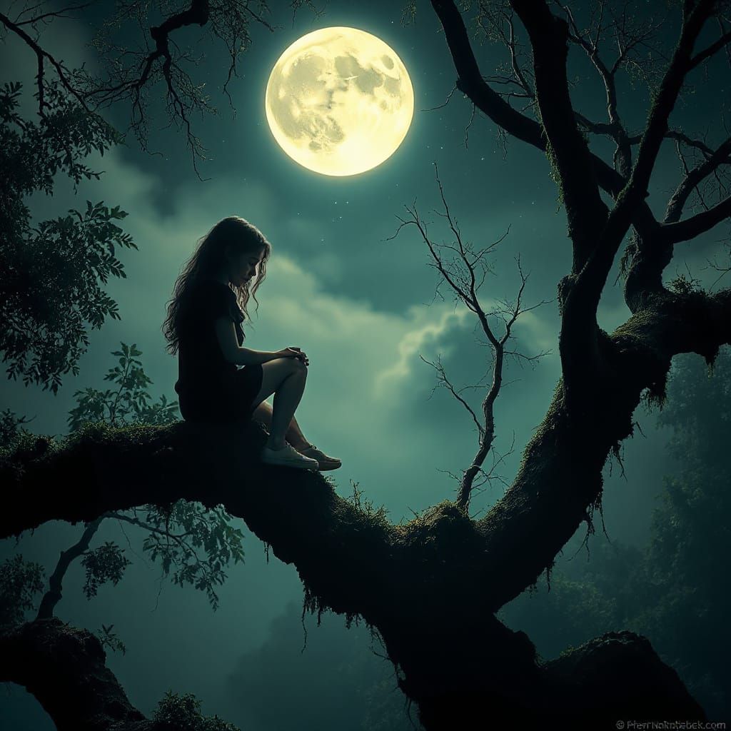 Dreamy Jungle Girl Silhouette with Glowing Moon