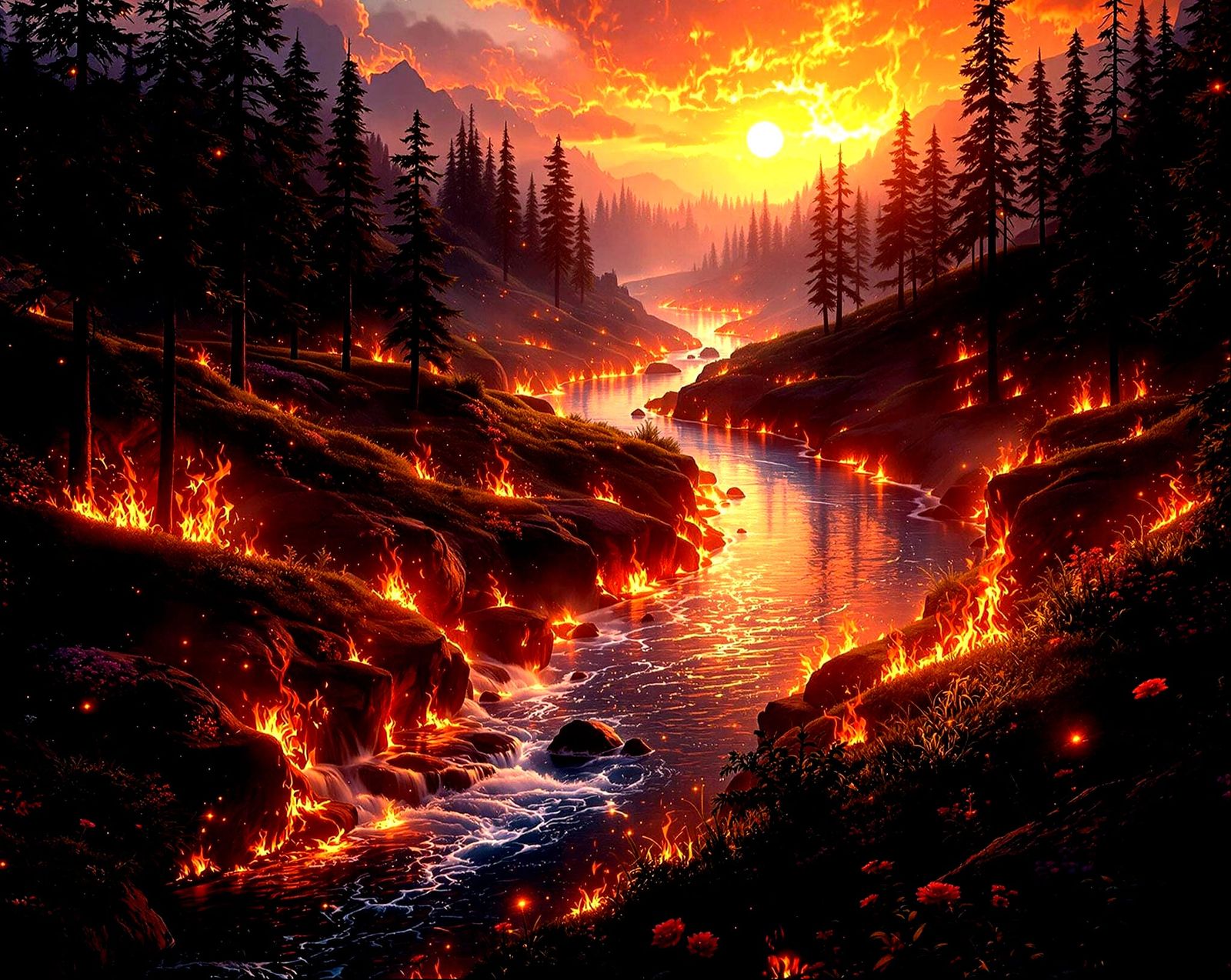 Forest Fire River at Golden Hour: Photorealistic