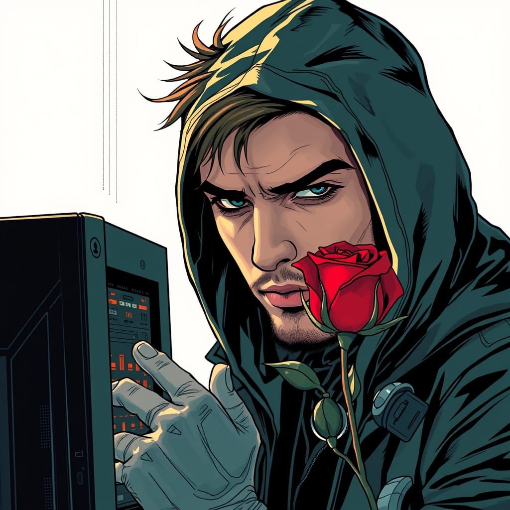 Cyberpunk Hacker with Rose, Noir Style