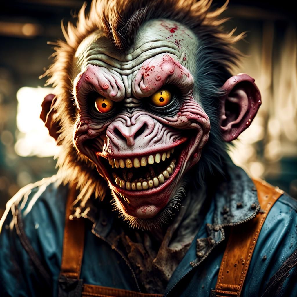 Zombie Monkey Clown Mechanic: Menacing Portrait in Garage