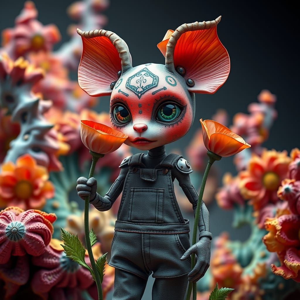 Whimsical Poppy Hybrid Creature in Worn Dungaree