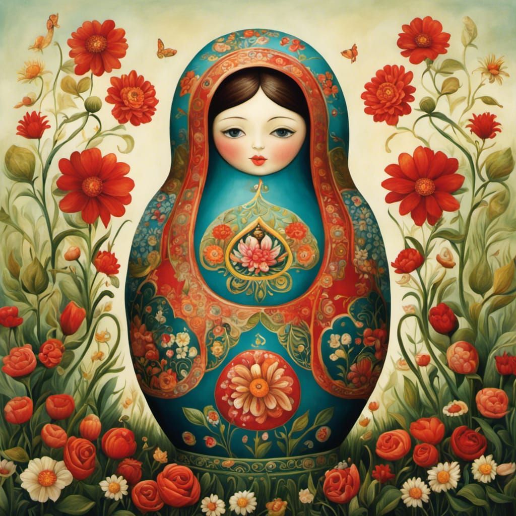 Matrioshka Dolls in a Flower Garden Illustration