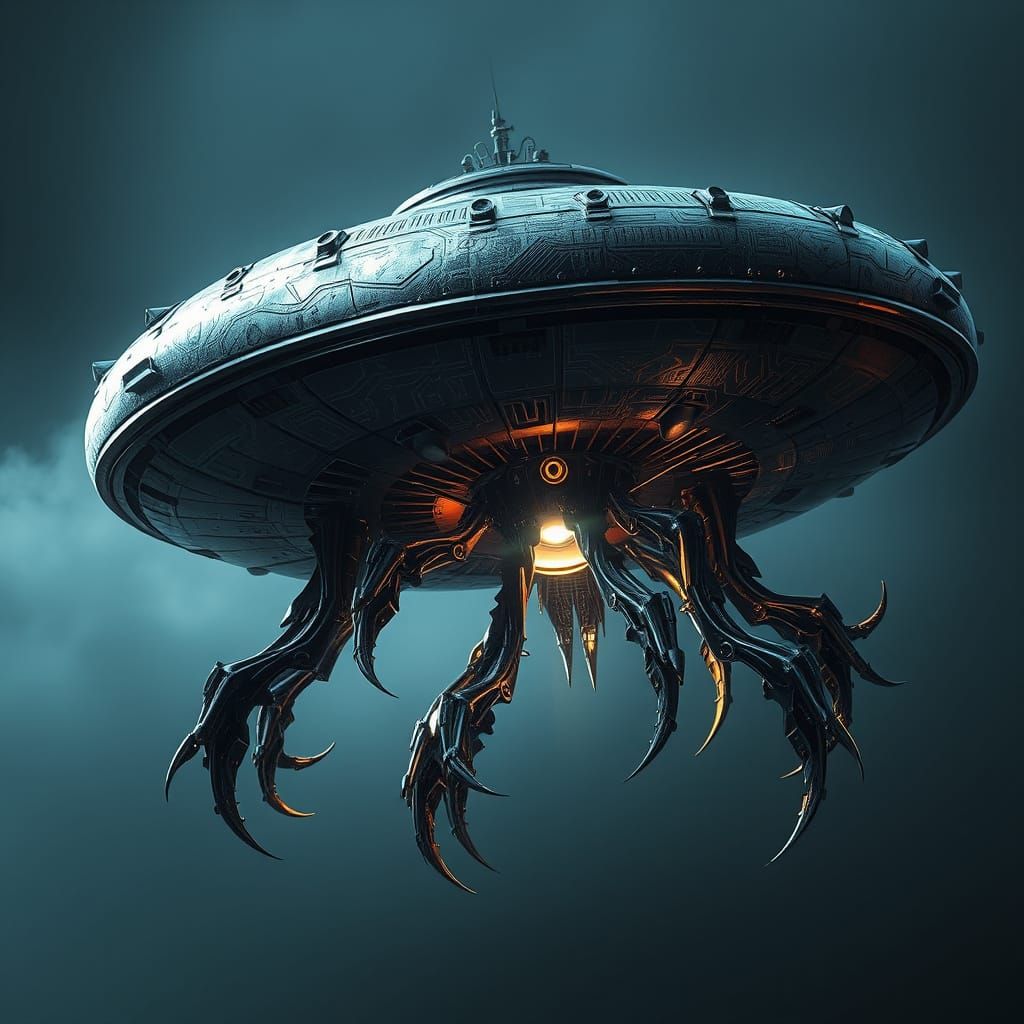 Twisted Biomechanical Flying Saucer in a Dark, Metallic Bloo...