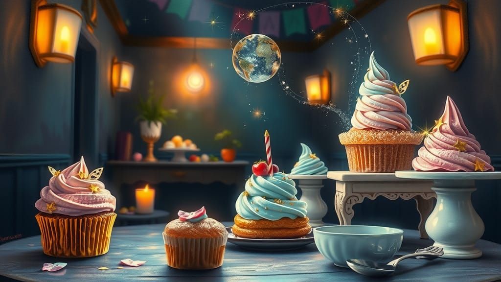 Ethereal Desserts Glow in Surrealist Oil Painting