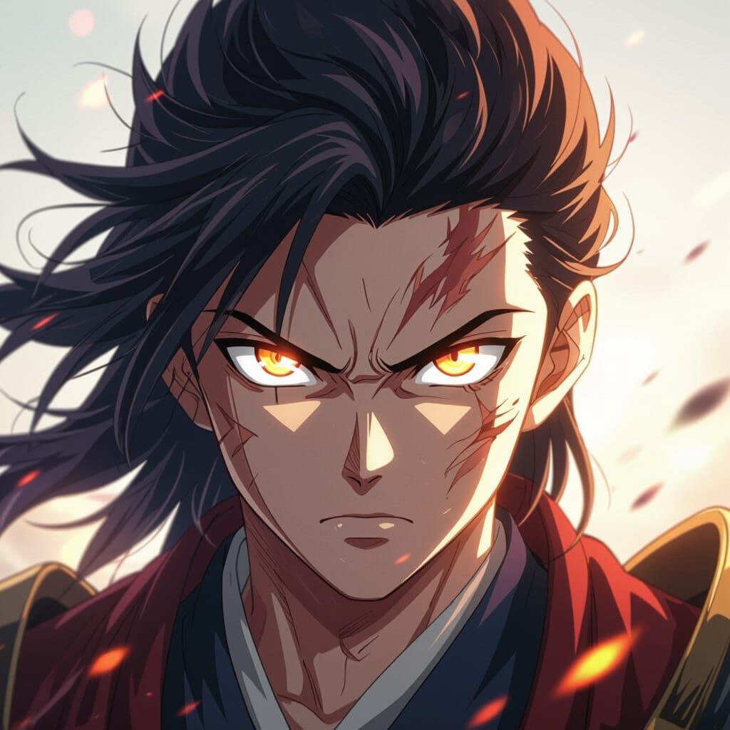 Anime Warrior Portrait with Glowing Eyes and Aura