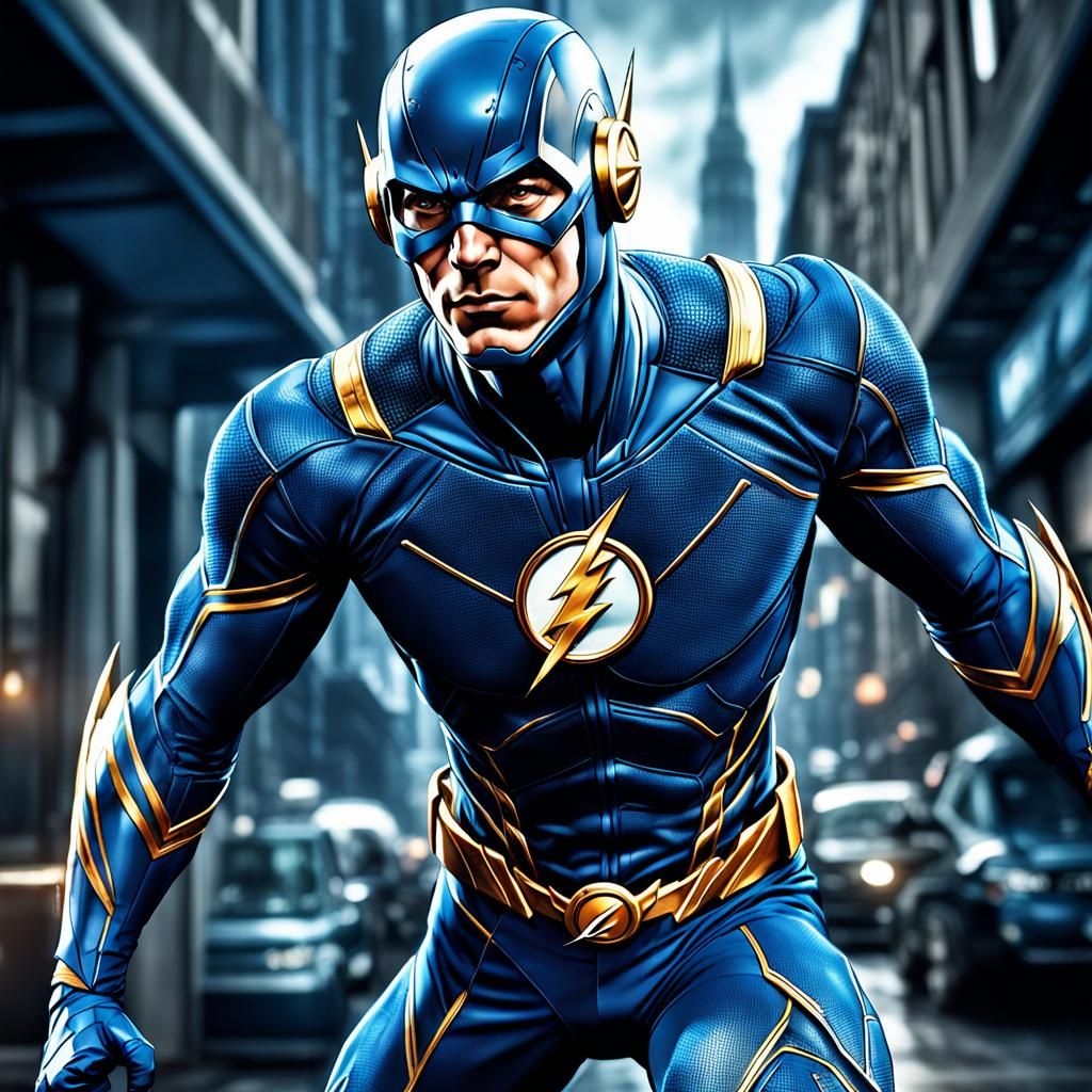 Blue-Suited Flash in Hyperrealistic Style