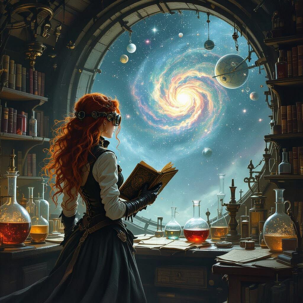 Gothic Alchemist Gazing at Nebula, Pre-Raphaelite Style