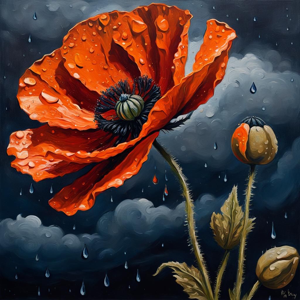 Monochrome Orange Poppy Impasto Oil Painting