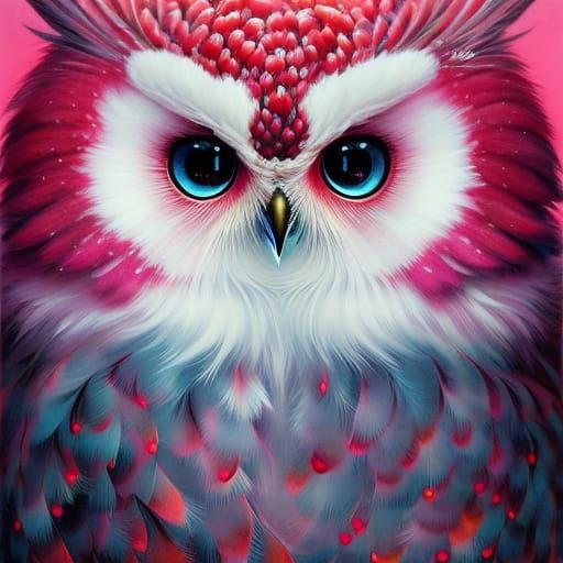 Vibrant Pink Winter Owl Portrait in Detailed Liquid Gouache