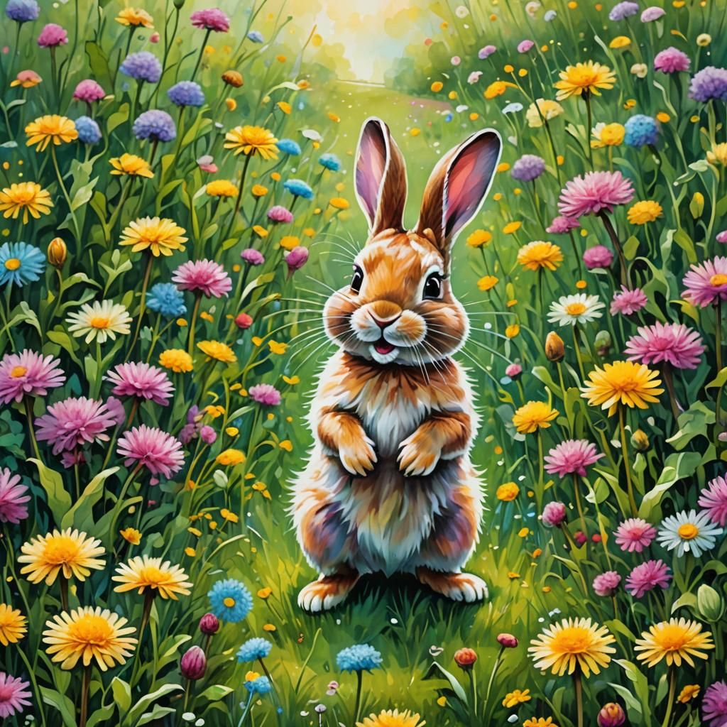 Happy Bunny Hopscotch in Surreal Dandelion Meadow