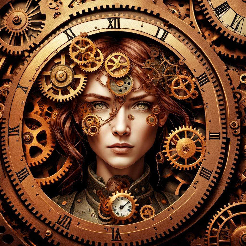 Steampunk Woman Merging with Clockwork Engine