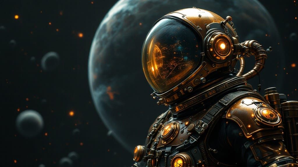 Steampunk Astronaut in Serene Space Drift