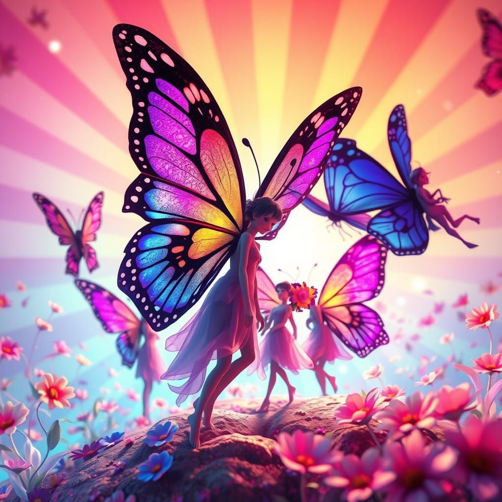 Butterfly People in Whimsical Realm: 3D Digital Art
