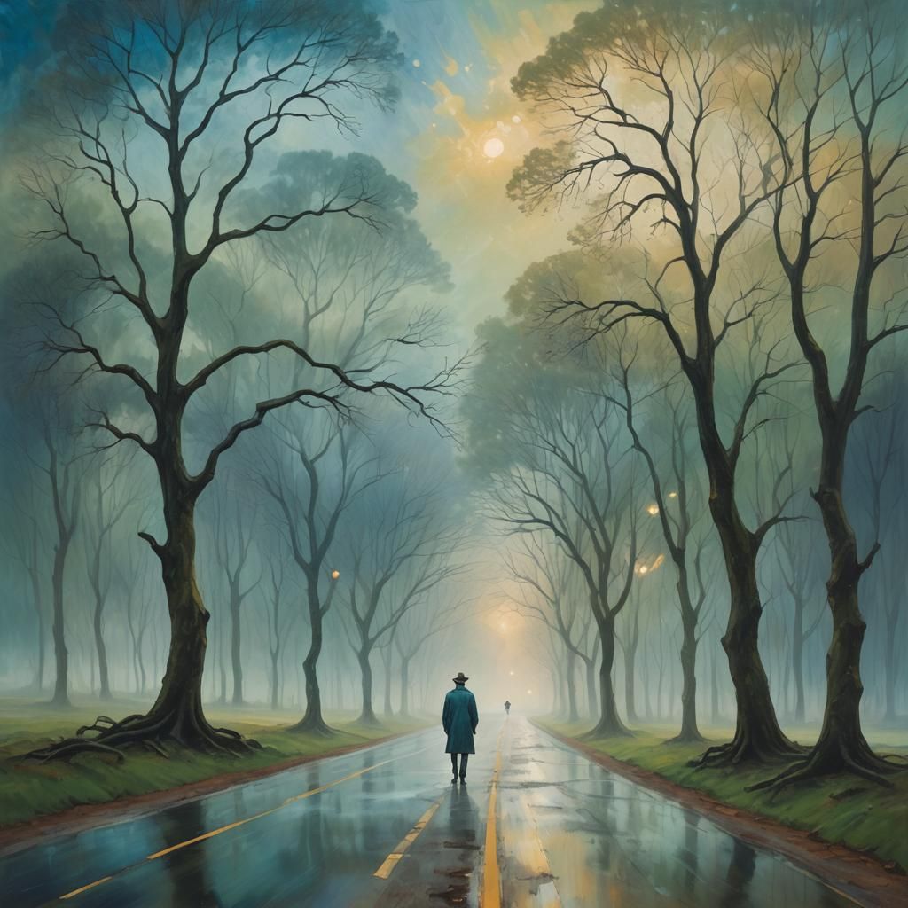 Ethereal Landscape: Traveler at a Crossroads