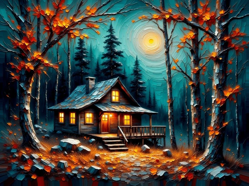 Autumn Cabin in Impasto Oil Painting Style