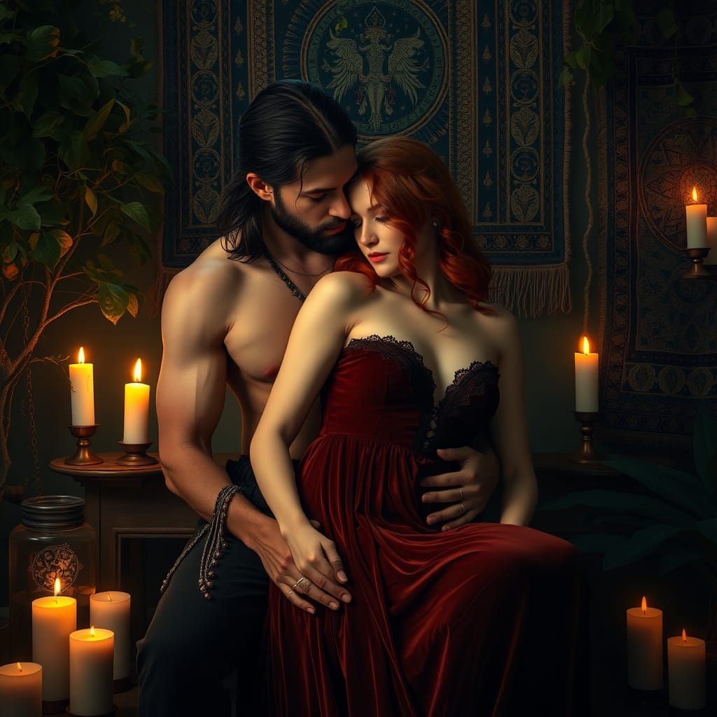 Eros-Inspired Tantric Couple in Ethereal Chamber