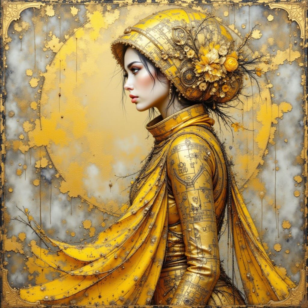 Woman in Yellow Dress with Gold Metallic Accents