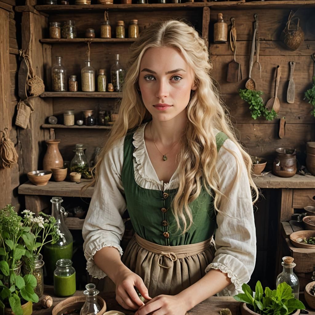 18th Century Herbalist Preparing Potions: Photorealistic Ima...