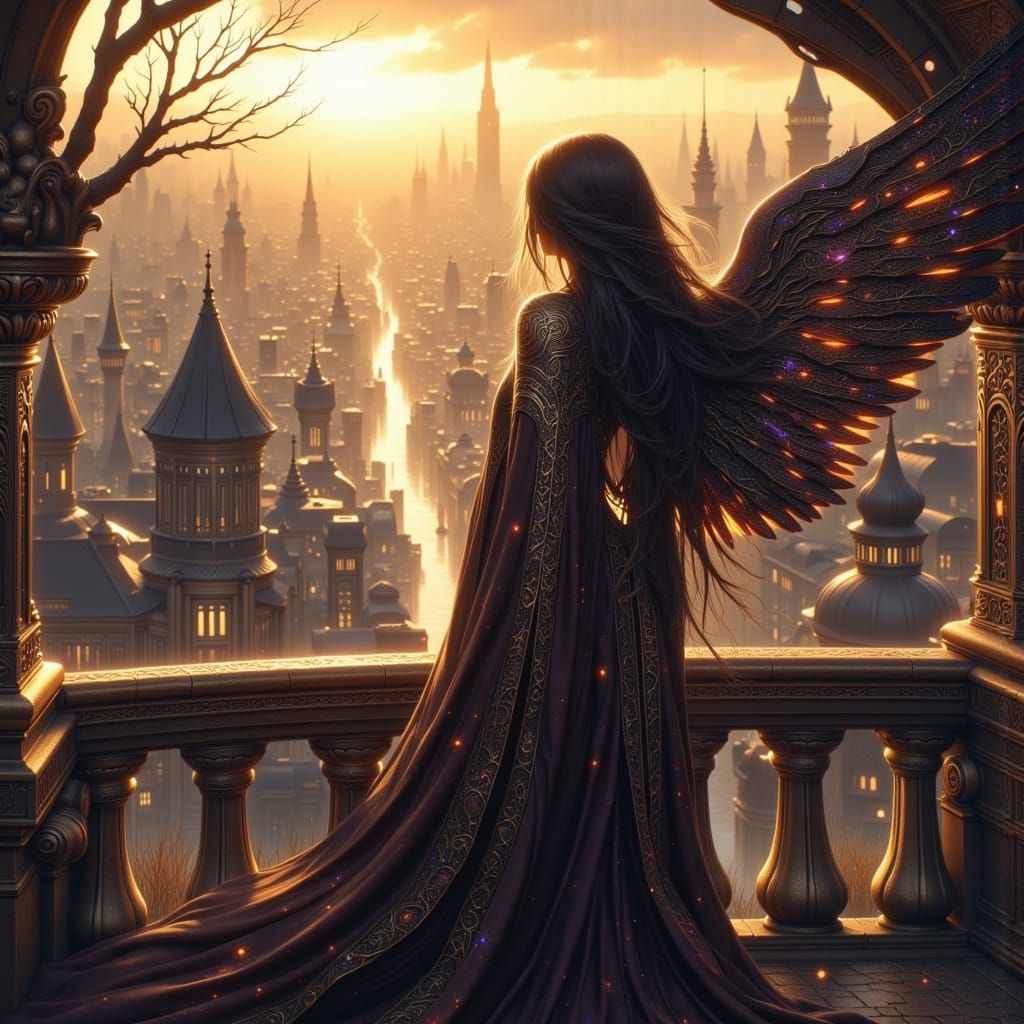 Dark Angelic Woman in Steampunk Cityscape at Golden Hour