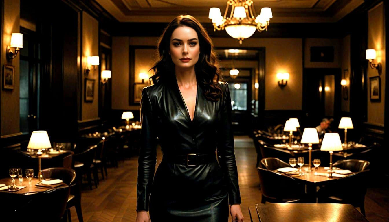 Cinematic Actress in a Dramatic Restaurant Scene