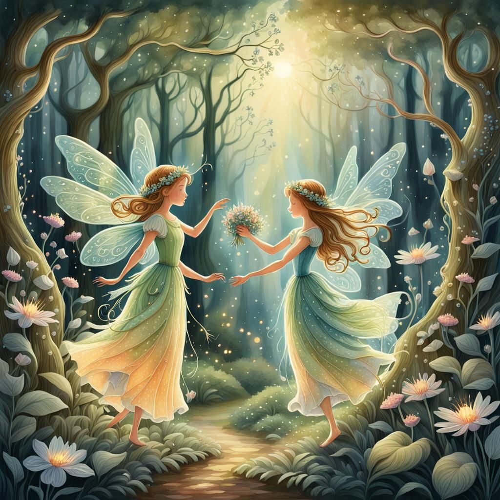 Fairies in Forest Glade: Watercolor Fantasy Illustration