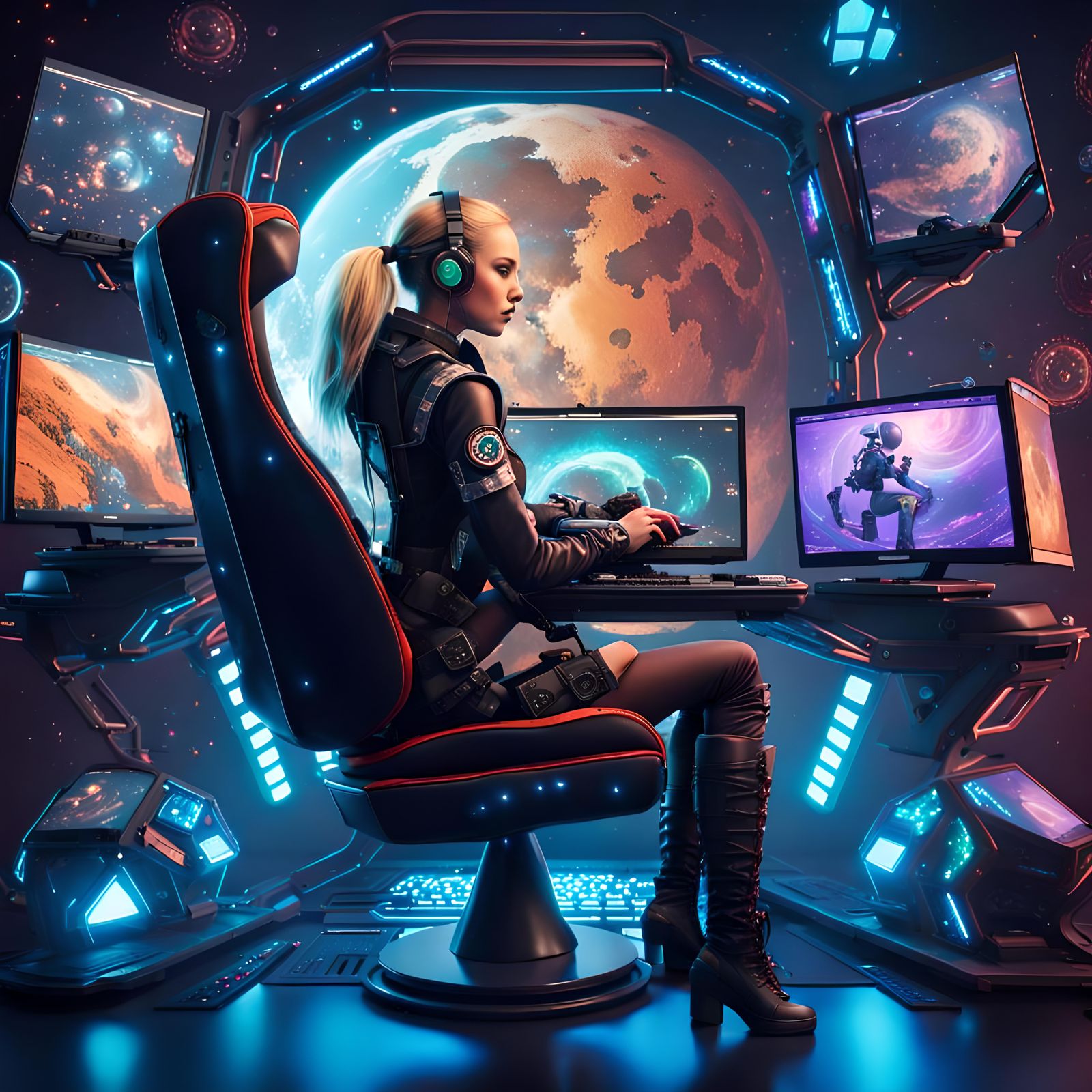 Chloe, Cyberpunk Gamer Testing Her Sci-fi Gaming room, by Lord Elboron