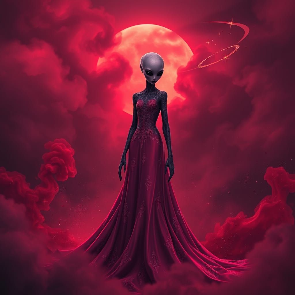 Ethereal Crimson Alien in a Dreamlike Dusk Sky