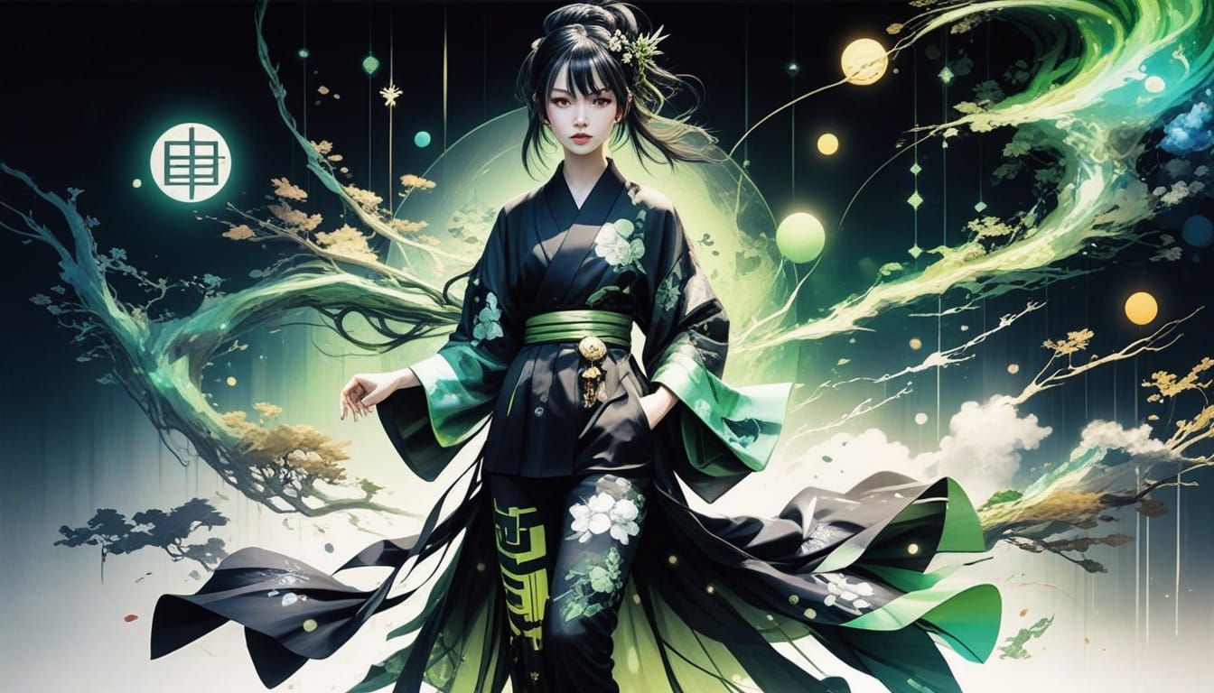 Solarpunk Geisha in Edgy Cyberpunk Fashion