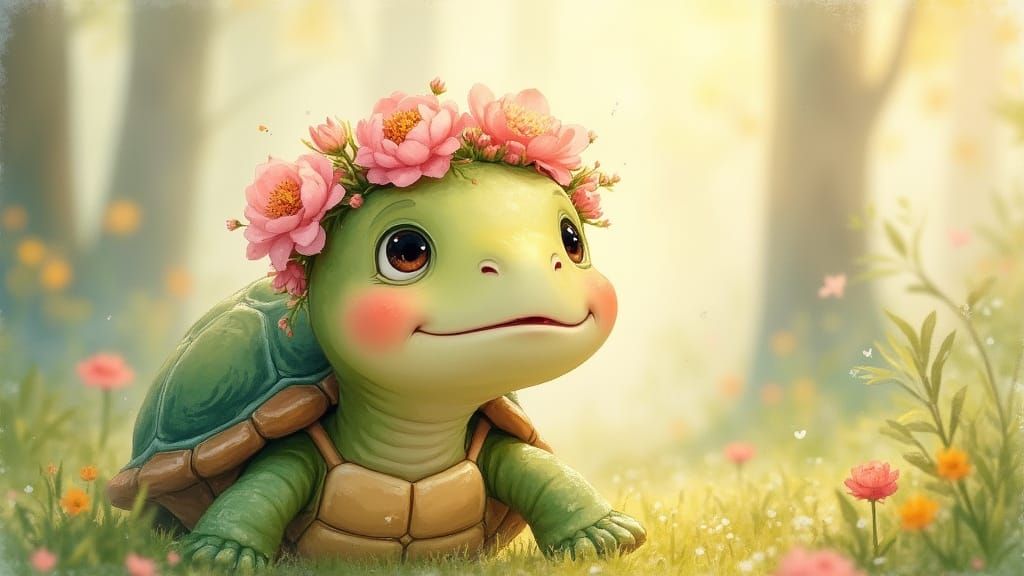 Joyful Turtle Portrait in Watercolor Illustration Style