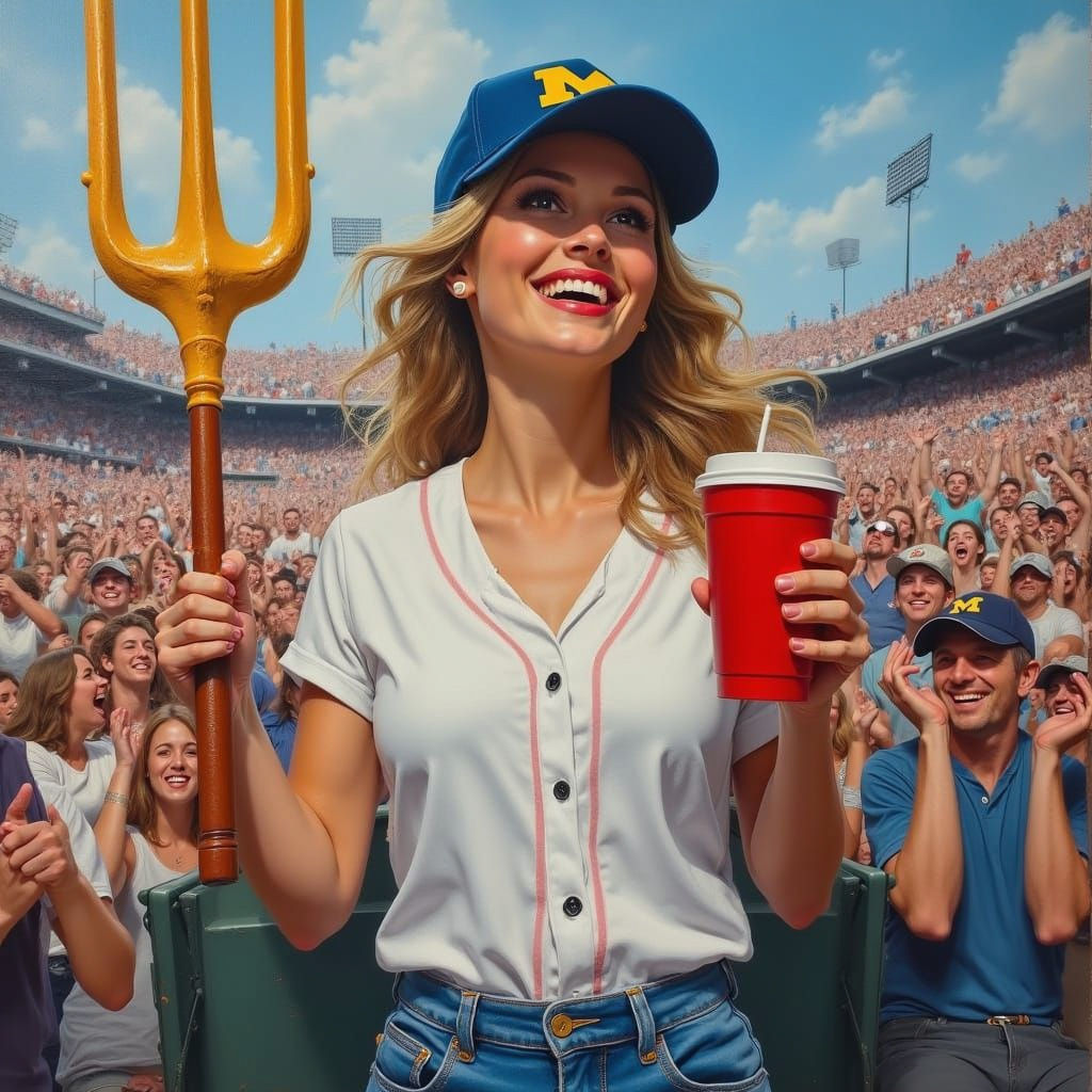 Impressionist Painting of Woman Cheering at Sports Game