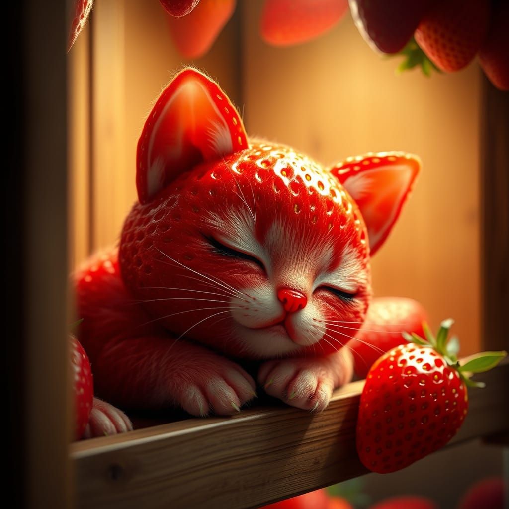 Whimsical Strawberry Kitten in Magical Fruit Shop