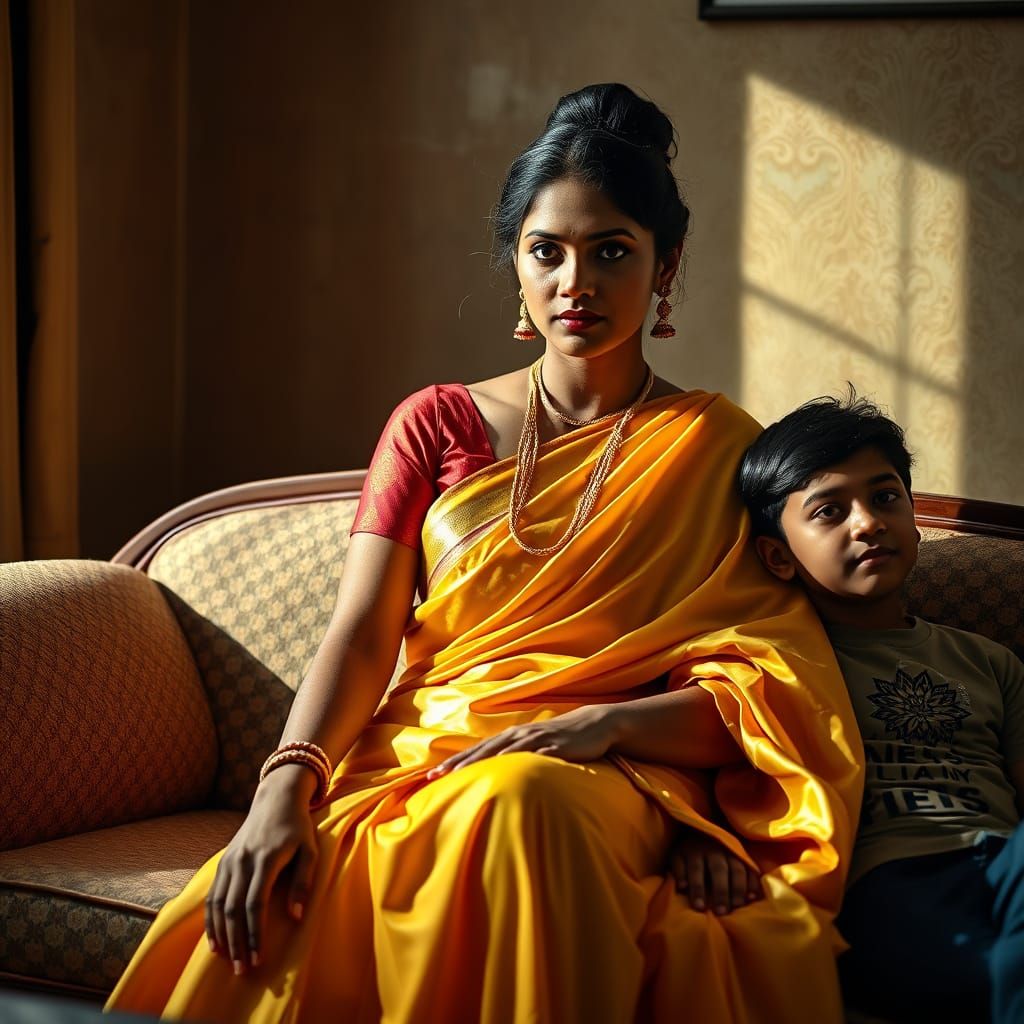 Beautiful Indian Woman in Yellow Sari with Boy on Sofa