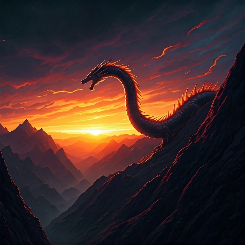 Serpentine Dragon Soaring at Sunset, Fantasy Art