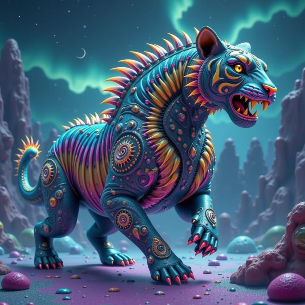 Iridescent Sabertooth Tiger with Astral Rainbow Backdrop