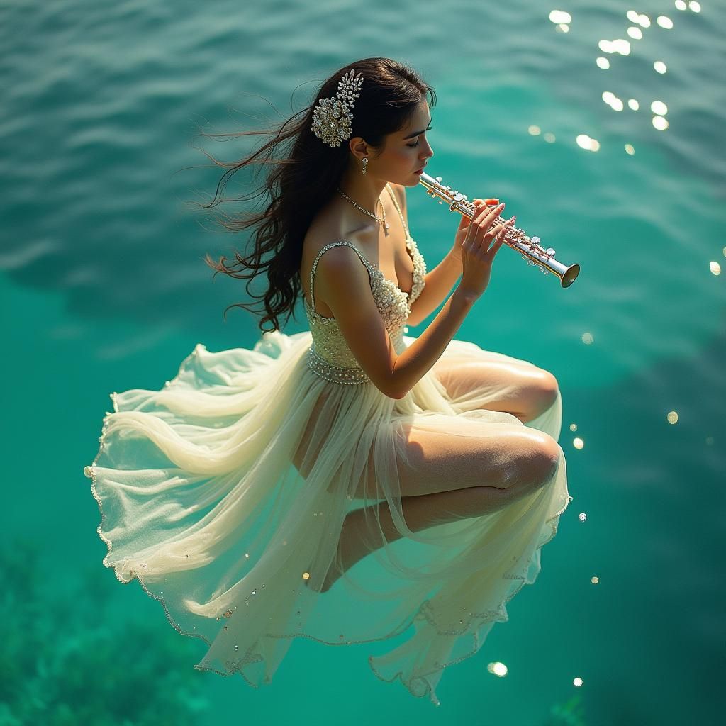 Woman Playing Flute Above Turquoise Sea
