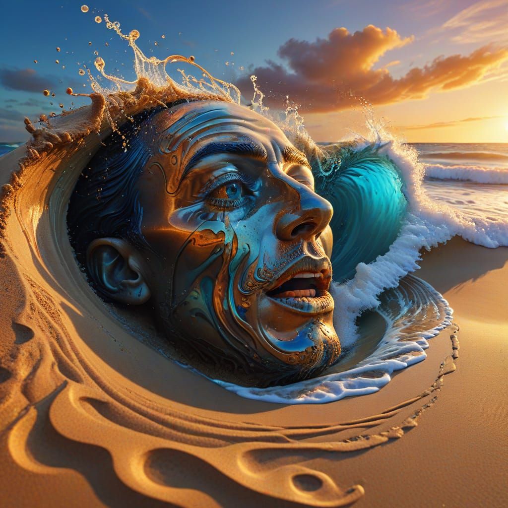 Surreal Beach Scene with a Melting Sand Face in Vibrant Colo...